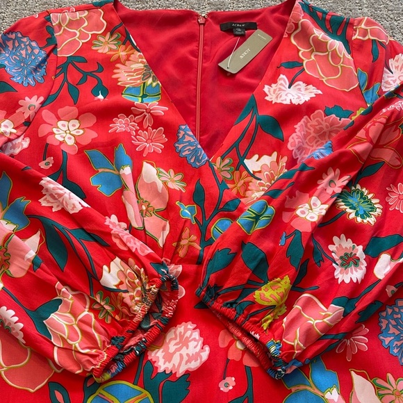 NWT J. Crew Floral Red Dress, Short Length, Long Sleeve, V-Neck, Size 16, NEW - Picture 11 of 15